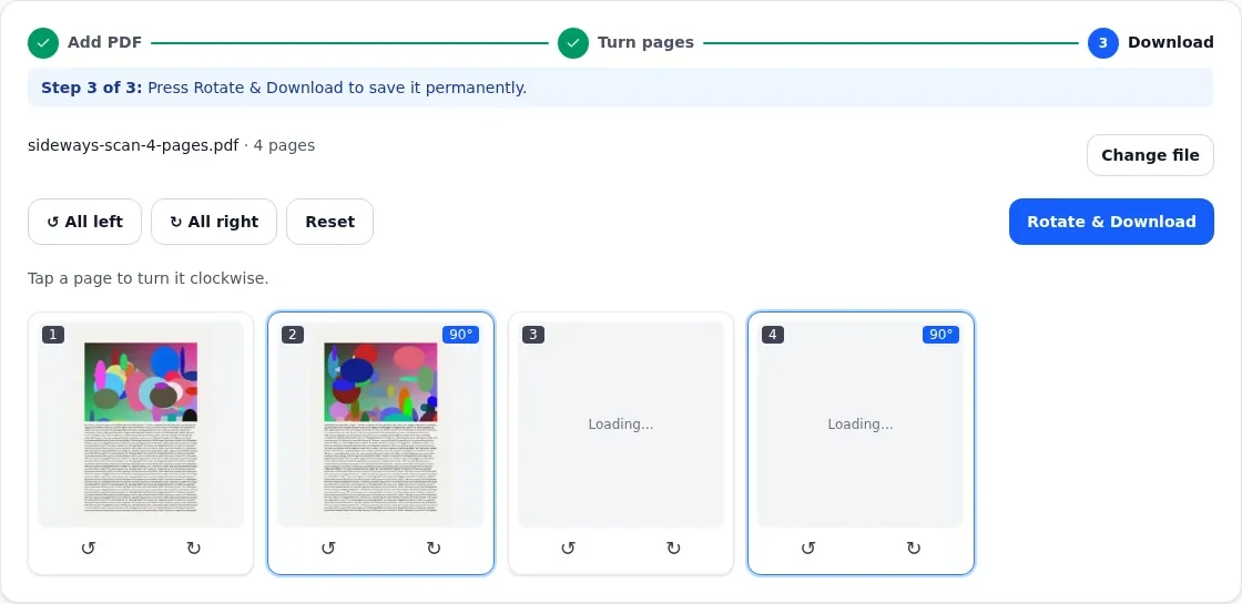 Rotate PDF on UtilHub: pages 2 and 4 of a scanned PDF marked 90 degrees before download